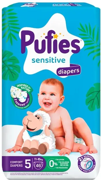 Scutece pentru bebeluși Pufies Sensitive - Mărimea 5, 11-16 kg, 46 buc