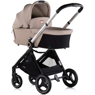 Carucior pentru copii Chipolino Elite 3 in 1 tiramisu cu spatar reglabil, suspensii, maner ajustabil, suport picioare reglabil si accesorii