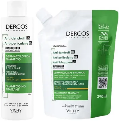 Vichy Dercos Set – Șampon pentru păr uscat Anti-mătreață DS și Refill, 200 + 390 ml