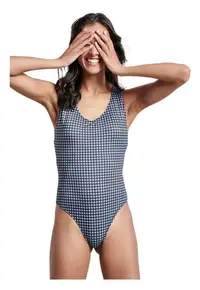 Costum de baie bretele incrucisate - alb-albastru - poliester-elastan