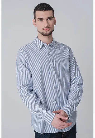 Camasa cu maneci lungi si model in dungi - Alb optic/Bleumarin
