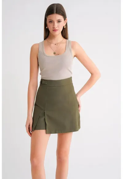 Fusta Mini verde kaki - textil - cu slit - Kaki