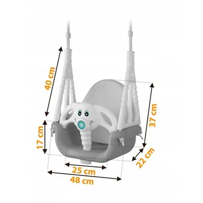 Leagan de gradina convertibil 3in1 pentru copii Ricokids Elefant GriAlb utilizare interiorexterior cu bara de protectie si spatar detasabile,franghii cu dimensiune reglabila,sezut ergonomic,sarcina maxima 30 kg