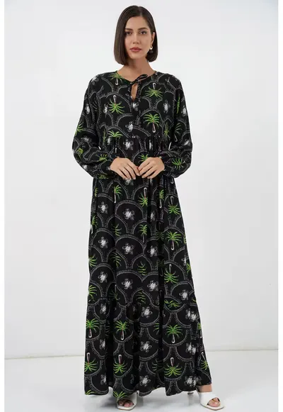 Rochie maxi - imprimeu tropical - maneci lungi - multicolor - viscoza