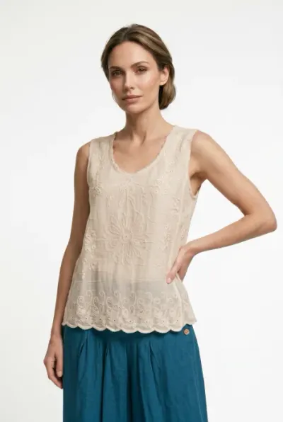 Top din bumbac cu broderie florala si dantela, bej