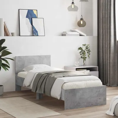 vidaXL Cadru de Pat cu Tăblie cu headboard Gri Beton Lemn prelucrat