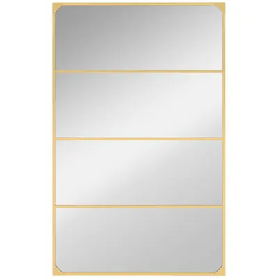 HOMCOM Oglindă de perete tip verrière, dreptunghiulară, stil industrial, montaj orizontal sau vertical cu 4 cârlige, din metal auriu 109 x 69 cm | Aosom Romania