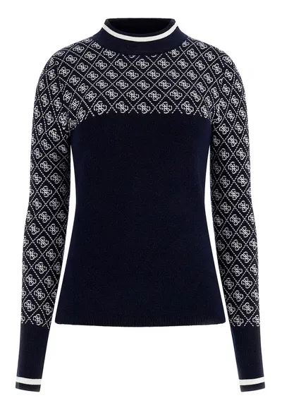 Pulover cu guler scurt si garnitura cu model - Bleumarin