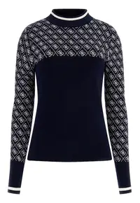 Pulover cu guler scurt si garnitura cu model - Bleumarin