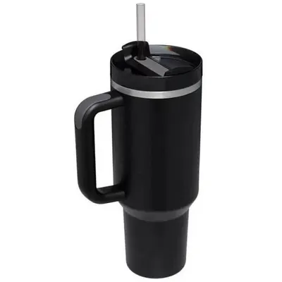 Cana Termica din Inox cu Paie, Perete Dublu, 1183 ml, Negru, Newalor