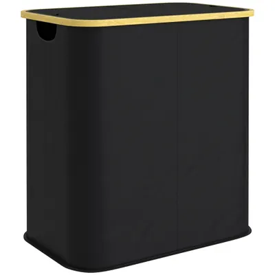 HOMCOM Coș pentru Rufe de 80L cu 2 Secțiuni și Capac din Material Textil și Bambus, 54x34x58,5 cm, Negru | Aosom Romania