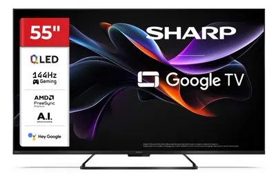 Televizor smart Sharp - Aquos 55HR7265E, 55'', QLED, 4K, AI UltraClear, 144Hz, 2x12W Dolby Atmos-Vision, Google TV, negru