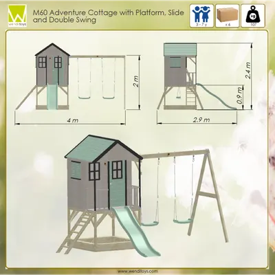 Casuta de gradina pastel Green Adventure Cottage cu platforma, tobogan si leagan dublu Wendi Toys