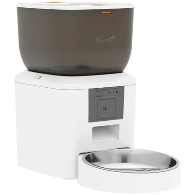PawHut Distribuitor Automat de Hrană pentru Pisici și Câini 4L, WiFi 2,4G, Control din Aplicație cu Cameră, Bol, Alb | Aosom Romania
