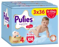Scutece pantalonași Pufies Supreme - Mărimea 4 Maxi, 108 bucăți, 9-15 kg, 3 x Value Pack