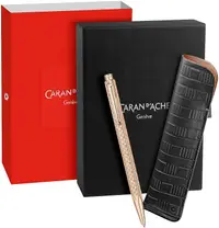 Set pix Caran d'Ache Ecridor - Damier Rose Gold, cu husă din piele