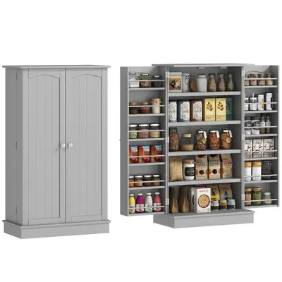 HOMCOM Dulap mobilier de bucătărie cămară cu 2 uși cu 5 rafturi și 12 suporturi pentru condimente - 60 x 30 x 104 cm - gri | Aosom Romania