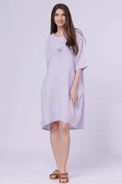 Rochie midi din in cu floare din paiete pe piept, lila