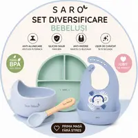 Set diversificare bebelusi Saro Verde-Albastru farfurie din silicon, bol cu ventuza, baveta, lingurita ergonomica si cana pentru antrenament