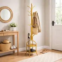 RESIGILAT - Cuier de podea metalic auriu, 34 x 189 cm, cu carlige multiple si 2 rafturi de depozitare, tip hall tree, pentru hol, dormitor sau birou