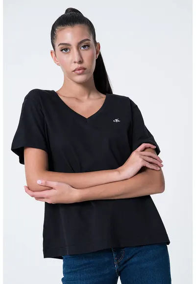 Tricou cu decolteu in V si logo discret - Negru
