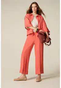 Pantaloni crop din amestec de in cu pensa - Coral