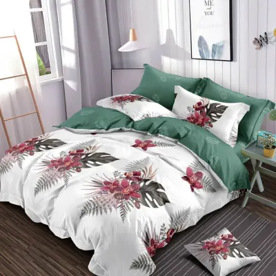 Lenjerie pat dublu, Finet, 6 piese, Alb, Verde, flori