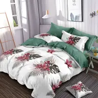Lenjerie pat dublu, Finet, 6 piese, Alb, Verde, flori
