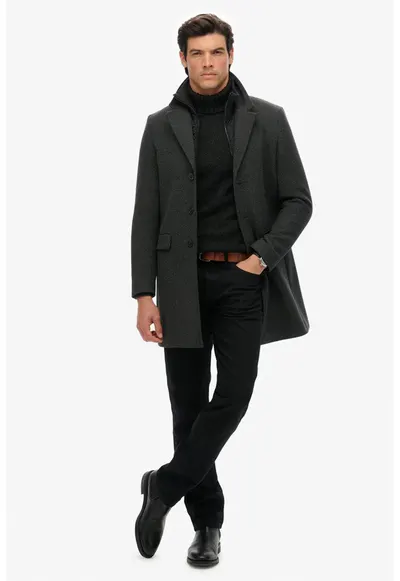 SUPERDRY - Palton slim fit din amestec de lana cu model 2in1 - Gri antracit