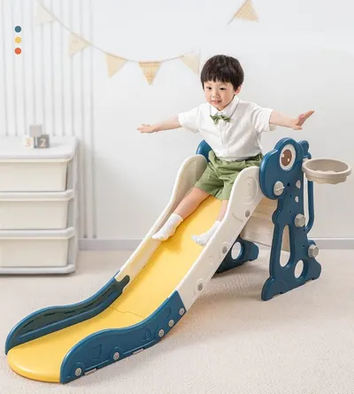 Tobogan pentru copii Nichiduta Garden Dinosaur Pink, cu mini-cos de Baschet si joc de precizie cu inele, prevazut cu scara, manere de sustinere, design pliabil, dimensiune 150 x 67.5 cm