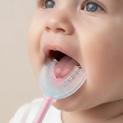 Periuta de dinti pentru bebelusi Bocioland Roz cu forma speciala, peri din silicon alimentar, maner ergonomic cu ventuza