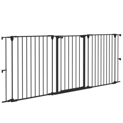 PawHut Poartă pentru Câini cu 3 Panouri și Sistem Dublu de Închidere, Barieră pentru Câini pentru Scări, Uși, Holuri, 206x90 cm, Negru | Aosom Romania