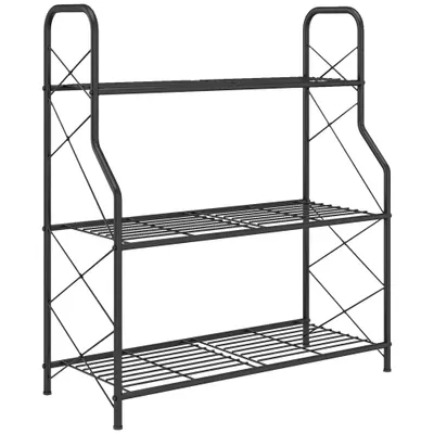 Outsunny Suport pentru Plante Vertical cu 3 Niveluri, cu Suporturi Laterale în X, Suport Ghivece cu Mânere Integrate din Metal pentru Interior și Exterior, 69x28.5x78 cm, Negru | Aosom Romania