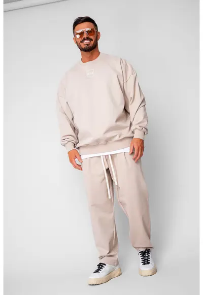 Set Oversized Bluza si pantalon drept din 100% Bumbac - 400gr/mp Premium Edition Beige 20148 - Bej