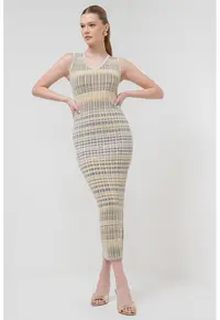 Rochie cu decolteu in V Enziana - Negru/Galben/Crem