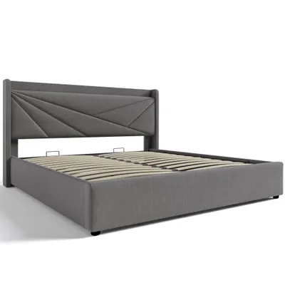 Pat dublu cu ladă de depozitare, funcție de încărcare USB Tip C, din bumbac și in, fără saltea, 160x200 cm, Gri