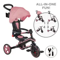Tricicleta pentru copii Globber Explorer Roz Pal, 4 in 1 pliabila, maner pentru controlul directiei, scaun ajustabil pe inaltime, suport pentru picioare, roti din cauciuc Eva, sistem roata libera, de la 10 luni