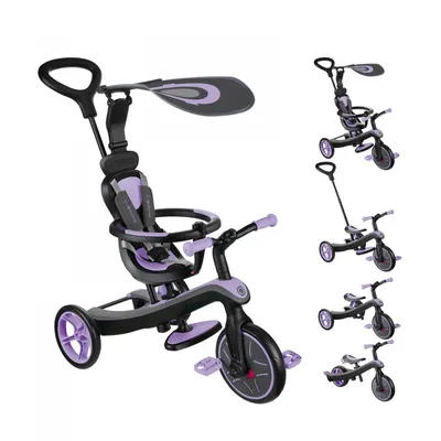 Tricicleta pentru copii Globber Explorer 4 in 1 Violet cu control parental, de la 10 luni, parasolar anti UV ajustabil, suport de picioare detasabil, scaun ajustabil pe inaltime