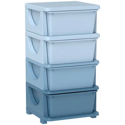 HOMCOM Cutii de depozitare pentru copii, 4 sertare, margini rotunjite, design ridicat, plastic, albastru | Aosom Romania
