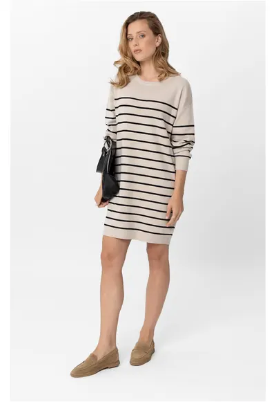 Rochie cu dungi G-Senti - tricot - bej - maneca lunga - Bej