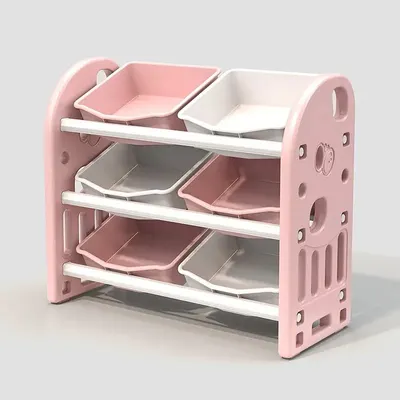 Organizator pentru jucarii Nichiduta Garden Butterfly Pink, cu 3 nivele si 6 cutii depozitare, margini rotunjite, 77x66x32 cm