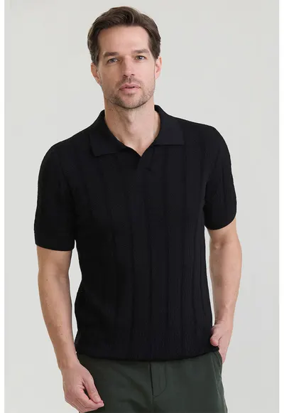 Tricou polo din bumbac cu aspect tricotat - Negru