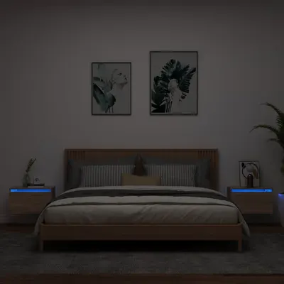 Gossi noptiere montate pe perete cu lumini led, 2 buc., stejar sonoma