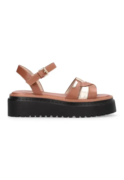 Sandale wedge de piele Bessie 01 - Auriu/Negru/Caramel