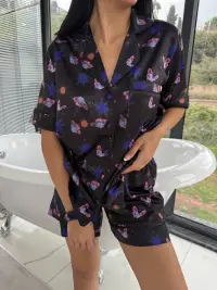 Set pijama dama din doua piese, cu nasturi – 2500116, Midnight Butterfly