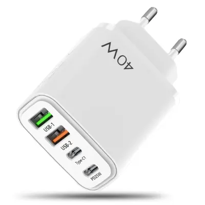 Incarcator Retea Timebox, 4 Porturi, 40W, 2 x Type-C, 2 x USB, Alb - Default Title