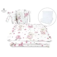 Set lenjerie patut MimiNu 6 piese cu volanase pilota si perna din bumbac 120x60 cm Pink Ballerina