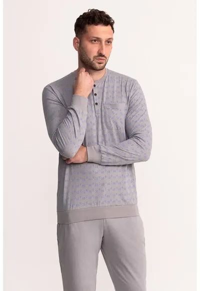 Pijama din bumbac cu cordon in talie Filip - Gri deschis/Albastru prafuit