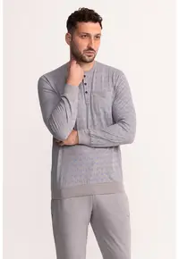 Pijama din bumbac cu cordon in talie Filip - Gri deschis/Albastru prafuit