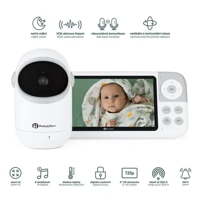 Video monitor PetiteMars Eve 5.0 Alb, ecran HD, autonomie pana la 16 ore, raza de actiune 300m, suport pentru pana la 4 camere, activare VOX la voce
